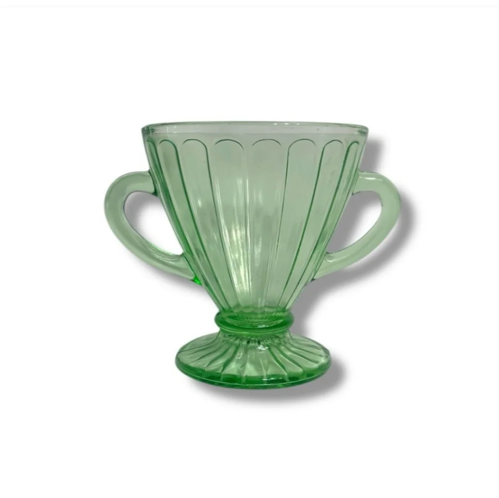HAZEL ATLAS Green Vaseline Uranium Glass Double Handle Sugar Dish Ribbon Design
